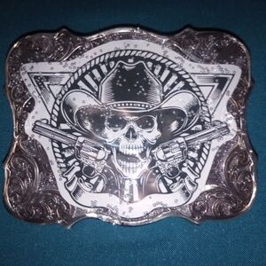 Skull Cowboy Western Belt Buckle - Silver and Black